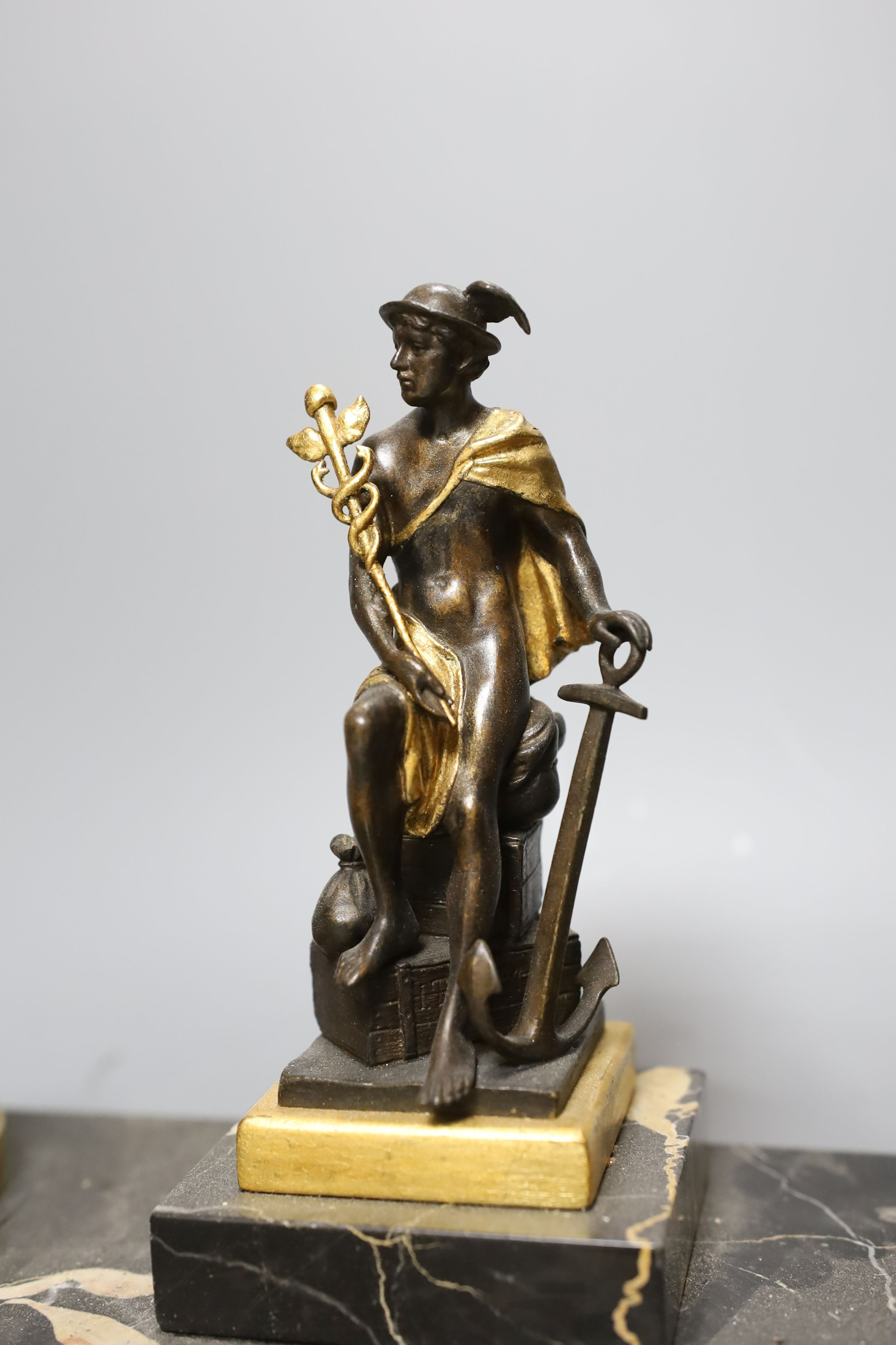 A bronze and marble ‘mercury’ inkstand, 40cm wide